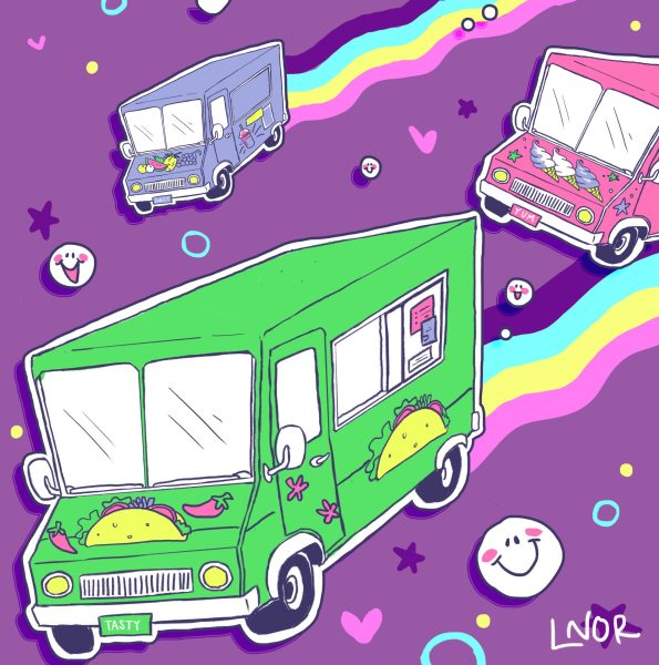 Three colorful food trucks fly above a purple background. Food trucks need to come back after Spring Break. (Eleanor Gentry | Northern Star)