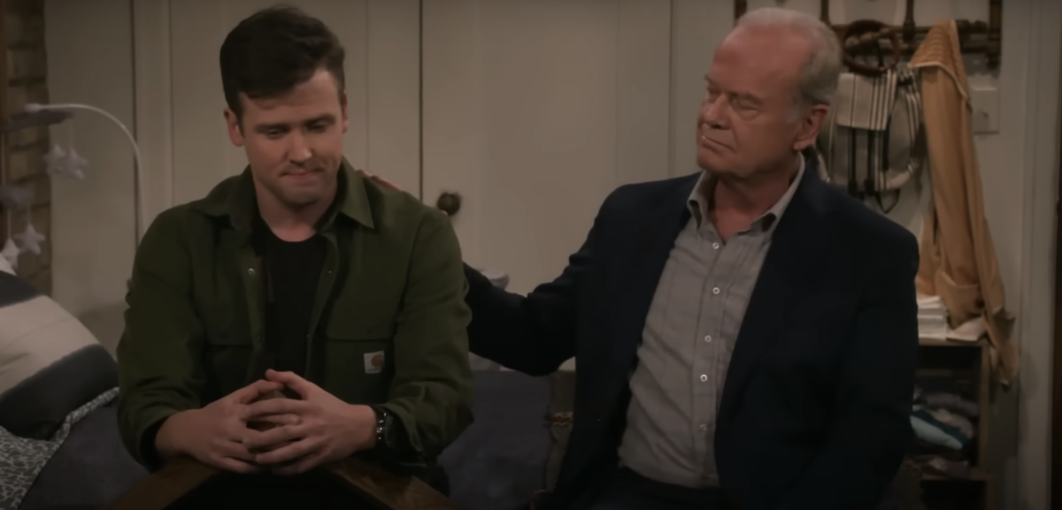 Jack Cutmore-Scott (left) and Kelsey Grammer sit next to each on a bed. The Frasier reboot is streaming on Paramount+ with episodes releasing weekly. (Courtesy of YouTube)