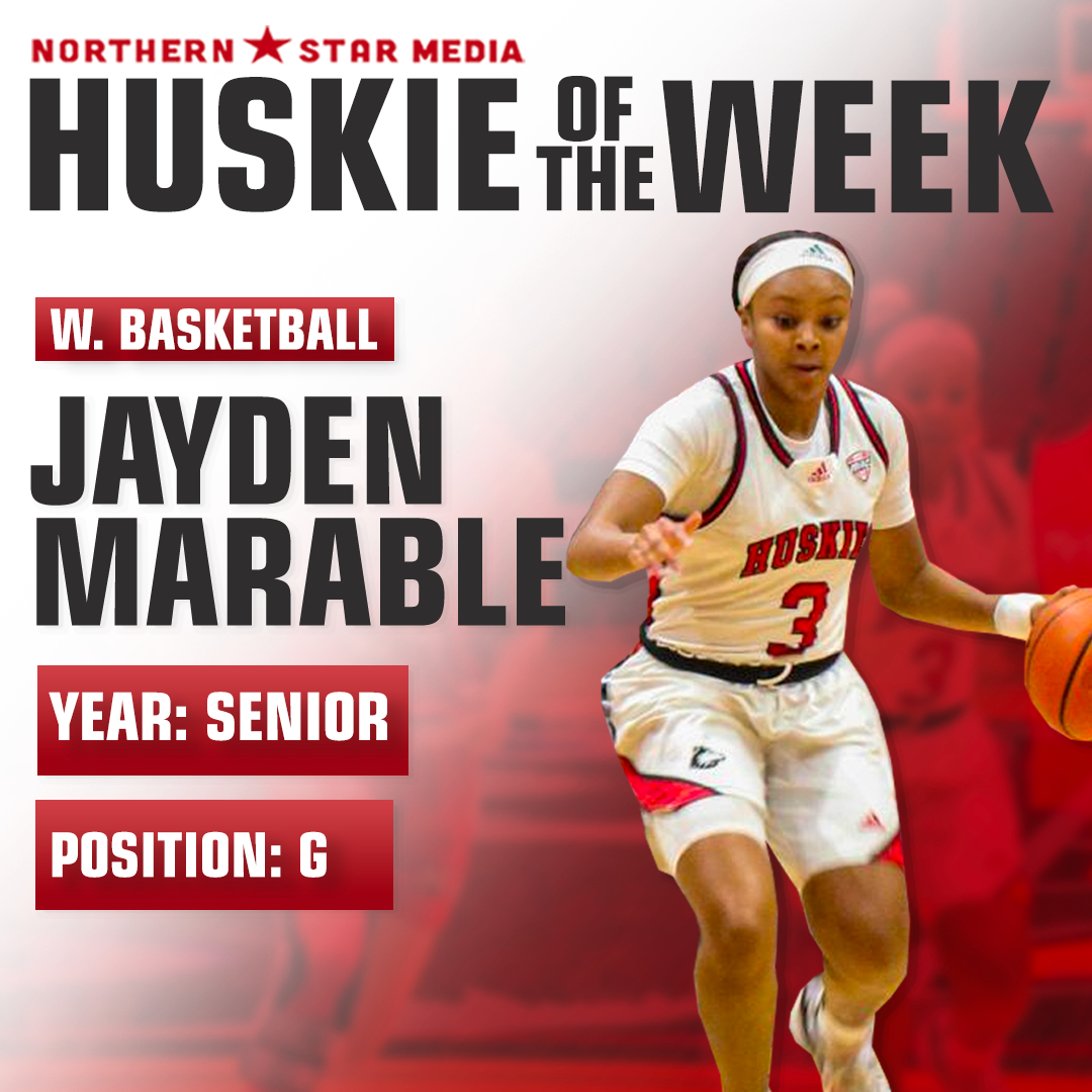 A graphic shows senior guard Jayden Marable dribbling the ball. Marable earned Huskie of the Week after scoring a combined 42 points in womens basketballs three wins this week. (Eddie Miller | Northern Star)