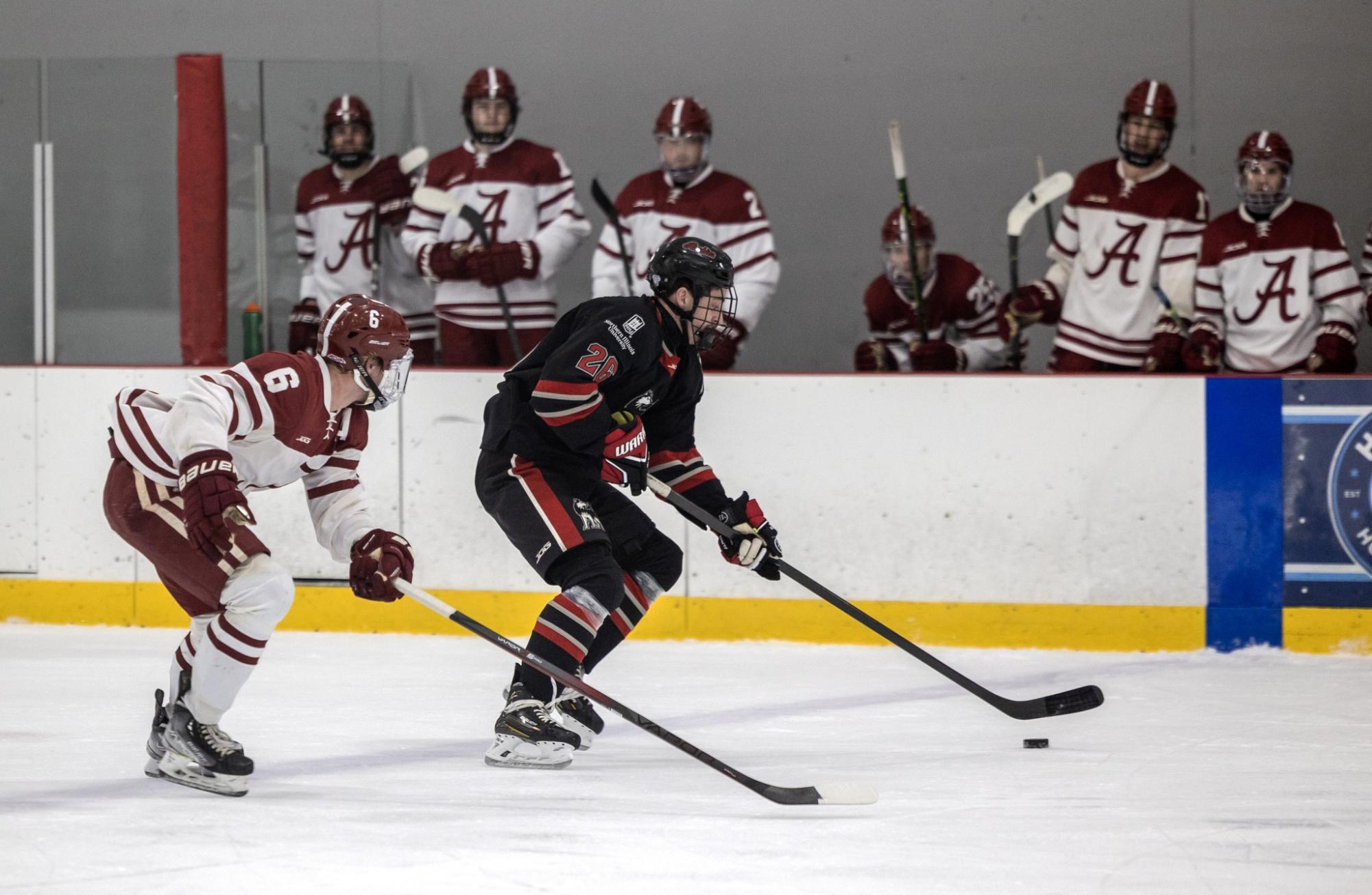 Freshman forward Jeff Shirkey carries the puck into the offensive zone on Nov. 17 against Alabama. The Huskies are gearing up to take on No. 11 ranked Purdue University Northwest this weekend. (Courtesy of NIU Hockey)