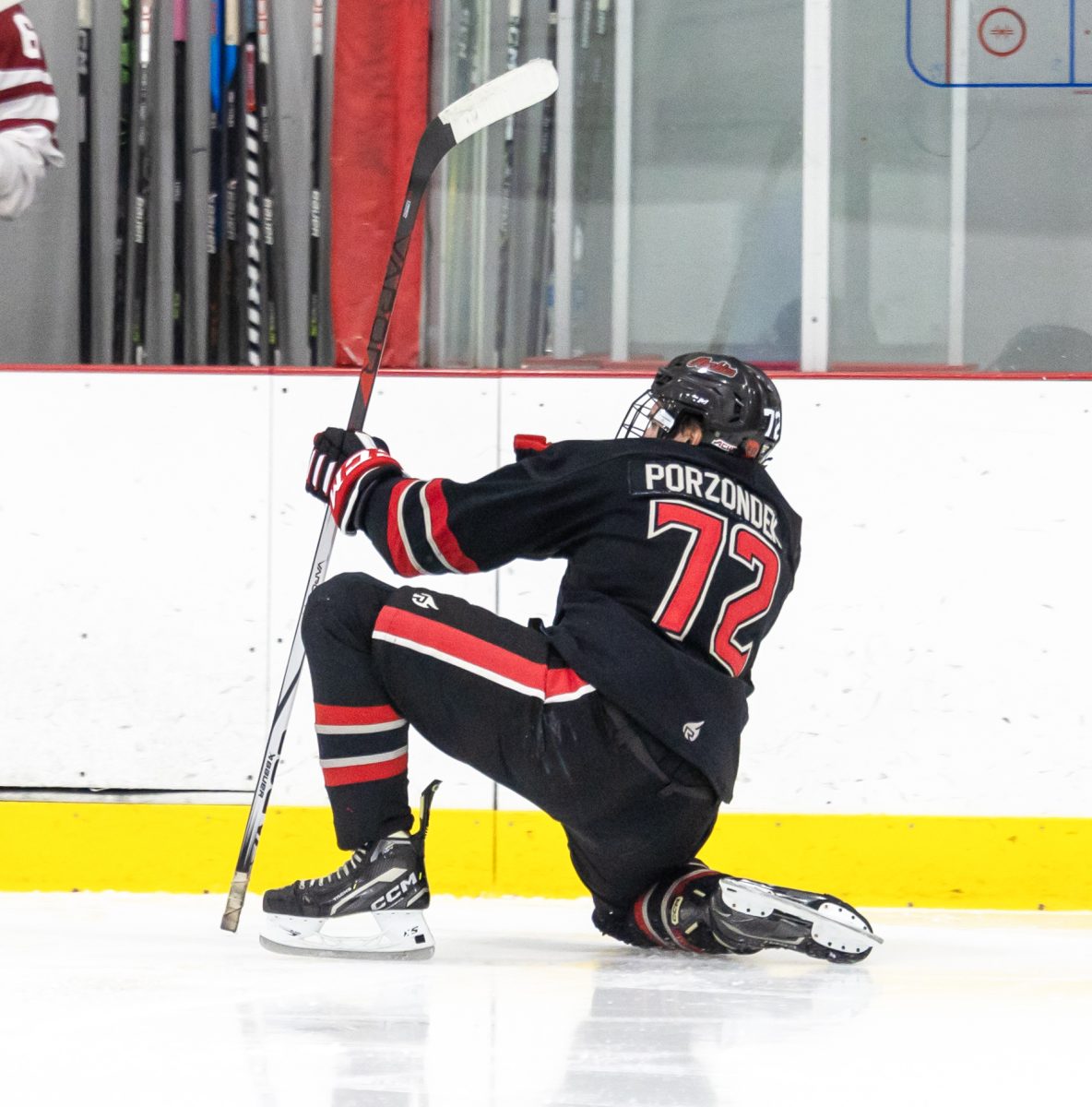 Fifth-year defenseman Alec Porzondek celebrates scoring in NIU Hockeys 4-1 win over Alabama on Friday. The Huskies earned their first win of the season in the win over the Crimson Tide. (Courtesy NIU Hockey)