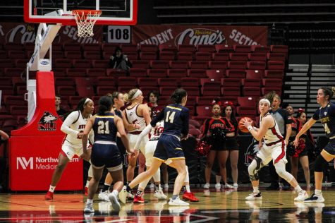 Then-redshirt sophomore guard Sidney McCrea (2) looks to pass the ball after gaining possession on Jan. 25 against Kent State. The Huskies defeated Radford University in their first game of the November Clasico. (Nyla Owens | Northern Star) 