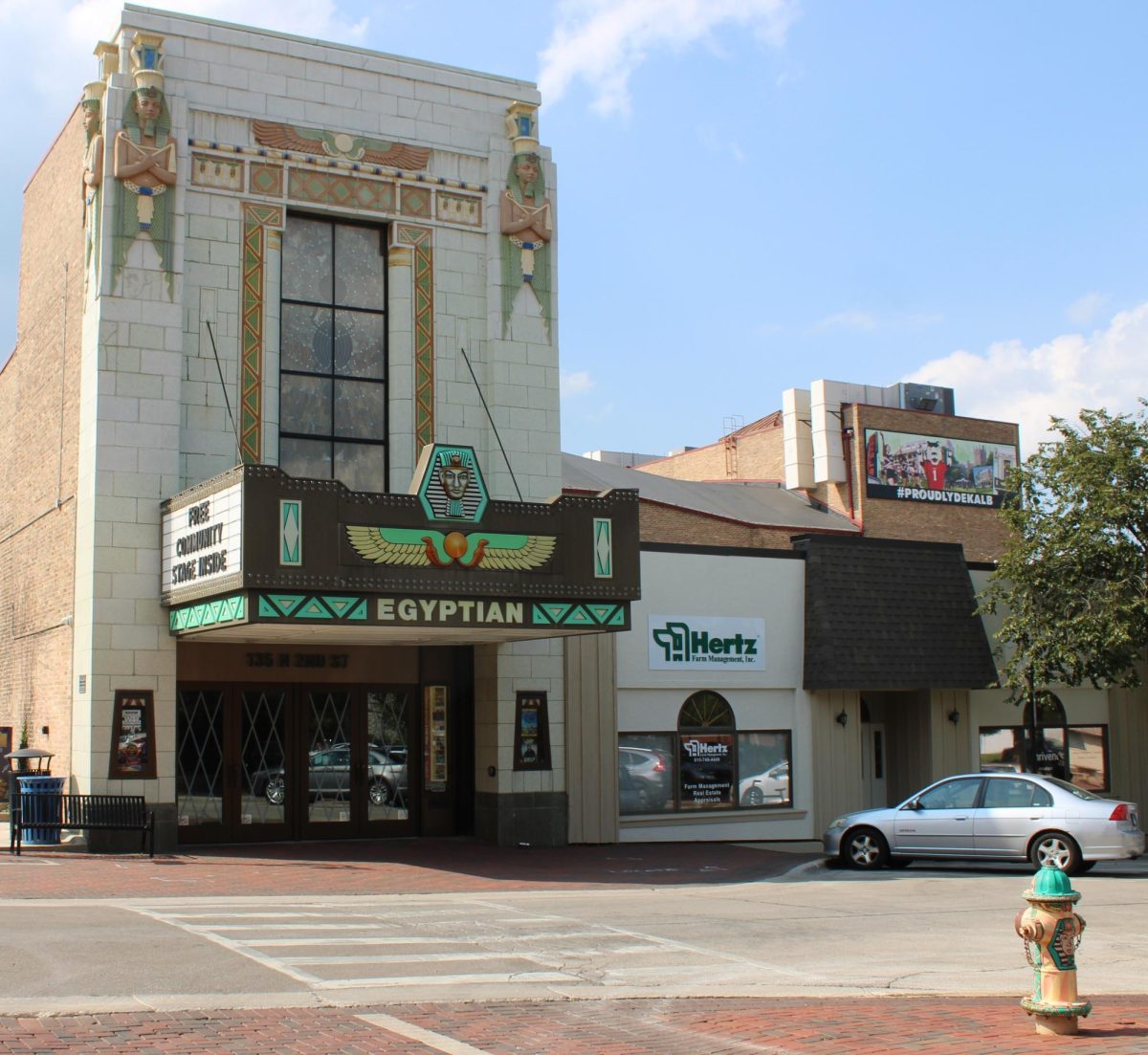 The front of the Egyptian Theatre in downtown DeKalb. The Egyptian Theatre is celebrating its 94th birthday by taking $94 donations from patrons.  (Nyla Owens | Northern Star)