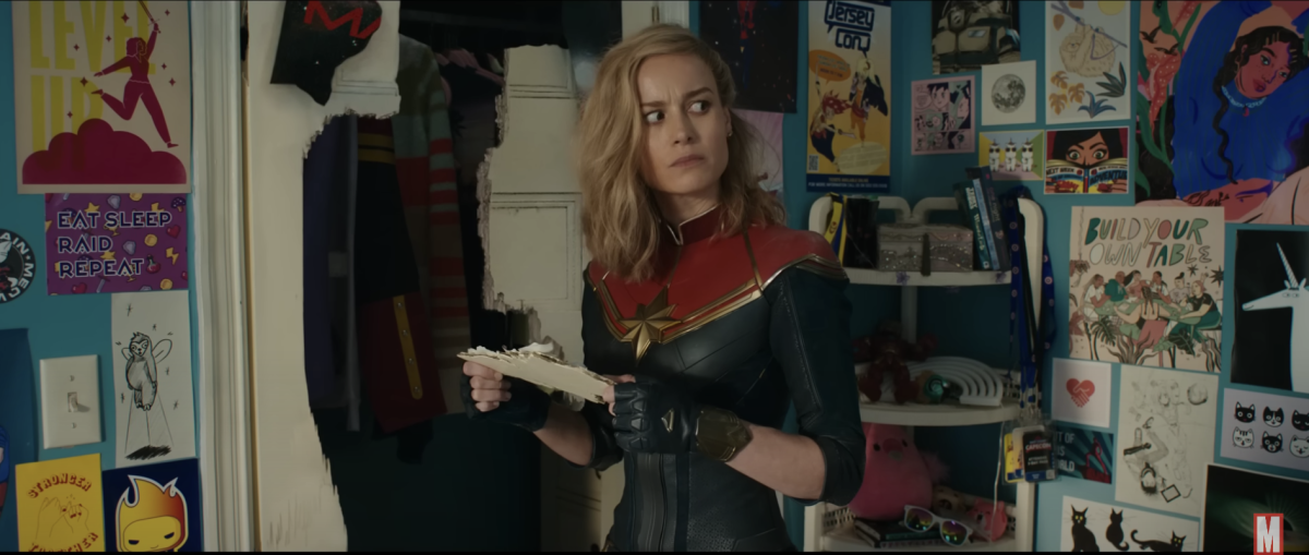 Marvel character Carol Danvers stands, looking confused in a bedroom. The Marvels is the next film apart of the MCU which will be releasing on Nov. 10. (Courtesy of YouTube) 