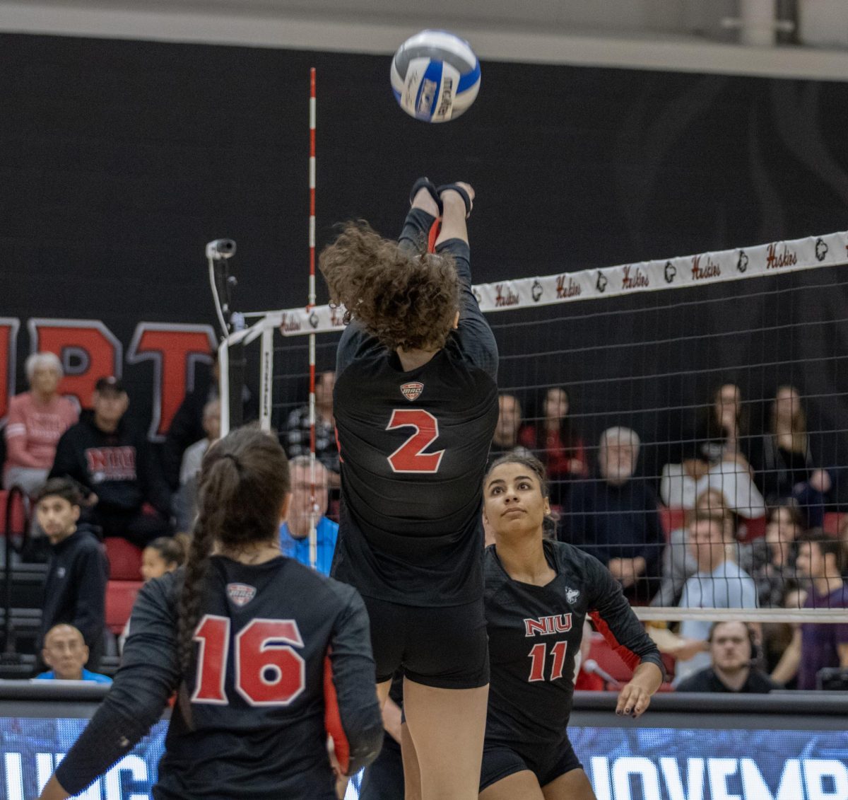 NIU+graduate+student+right+side+hitter+Isabelle+Percoco+hits+the+ball+during+a+rally+in+the+Oct.+27+match+against+the+University+of+Akron.+The+Huskies+fell+in+three+sets+as+one+of+their+seven+consecutive+defeats+entering+Friday%E2%80%99s+series-opener+against+Ball+State+University.+%28Tim+Dodge+%7C+Northern+Star%29