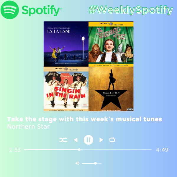 A graphic shows a collage of music albums in front of a blue and green colored background. This week’s Spotify playlist theme is songs from musicals and/or movie muscials. (Joey Trella | Northern Star)