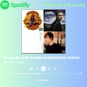 A graphic shows a collage of music albums in front of a blue and green colored background. This week’s Spotify playlist theme is songs by problematic artists. (Joey Trella | Northern Star)