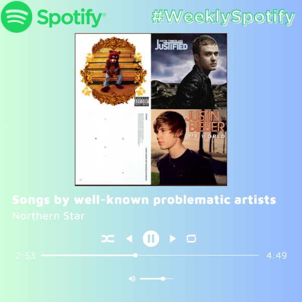 A graphic shows a collage of music albums in front of a blue and green colored background. This week’s Spotify playlist theme is songs by problematic artists. (Joey Trella | Northern Star)