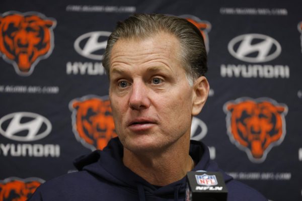 Chicago Bears head coach Matt Eberflus speaks during a press conference following the Bears 12-10 victory over the Minnesota Vikings on Monday. Sports Reporter Eddie Miller discusses possible replacements for Eberflus following the 2023-2024 season. (AP Photo)