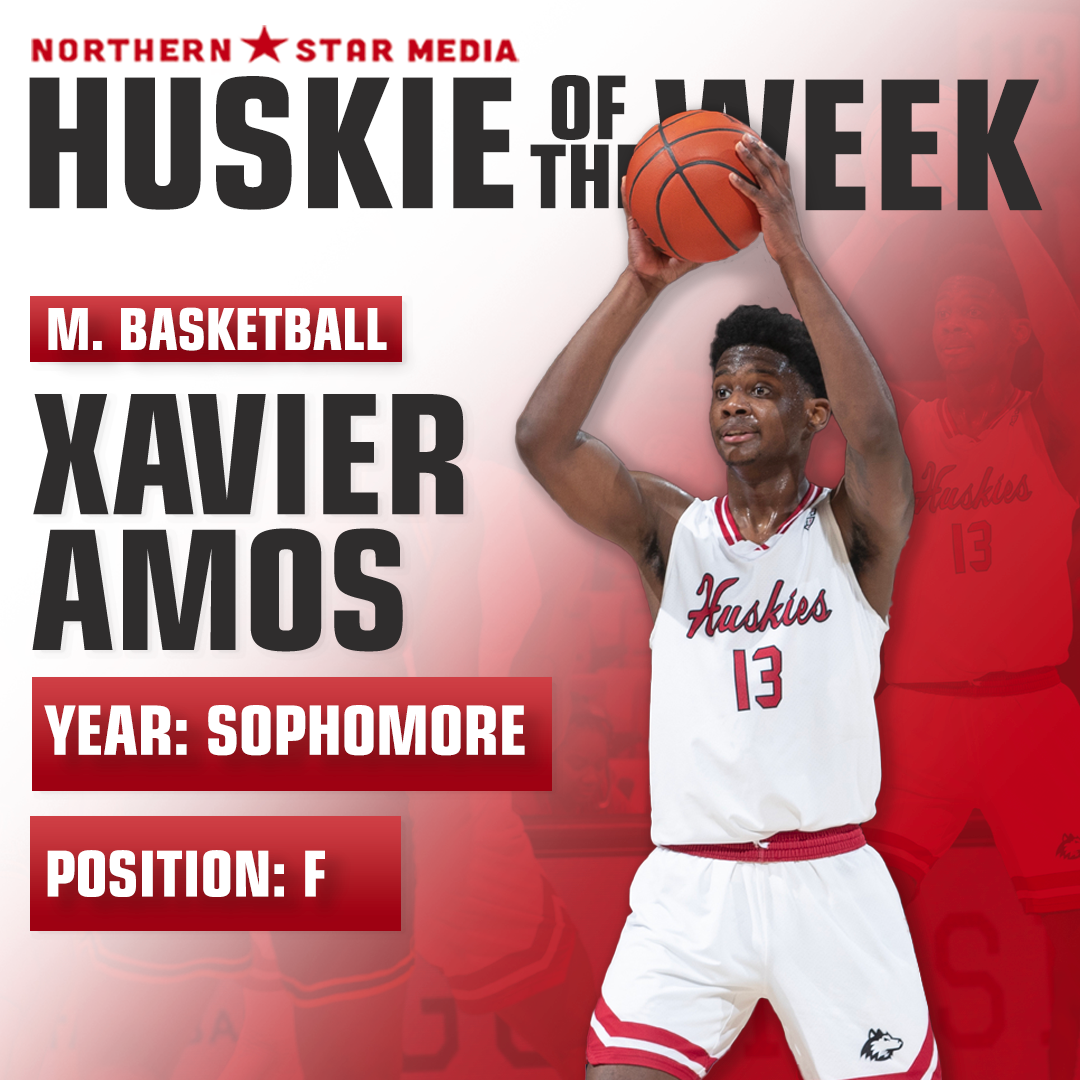 A graphic shows sophomore forward Xavier Amos as the Huskie of the Week. Amos scored a career-high 26 points on Monday against Northwestern University. (Eddie Miller | Northern Star)