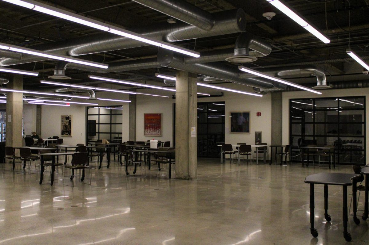 Tables sit on the lower-level floor of Founders Memorial Library. NIU has numerous study spots on campus for students to prepare for finals. (Northern Star File Photo)