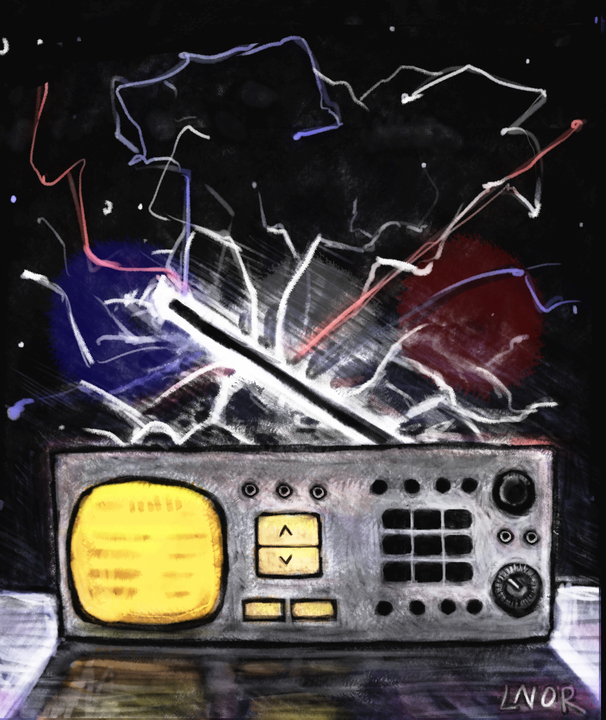 An illustrated police scanner radio sends off blue, red and white radio signals. The Northern Star Editorial Board encourages readers to listen to police department radio scanner streams. (Eleanor Gentry | Northern Star)