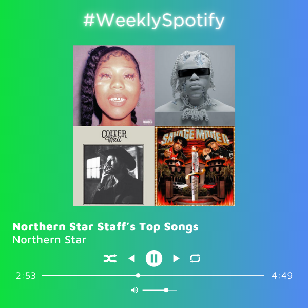 A collage of album covers sits in front of a green and blue background. This weeks Spotify playlist theme is songs from our Spotify wrapped. (Northern Star Graphic)