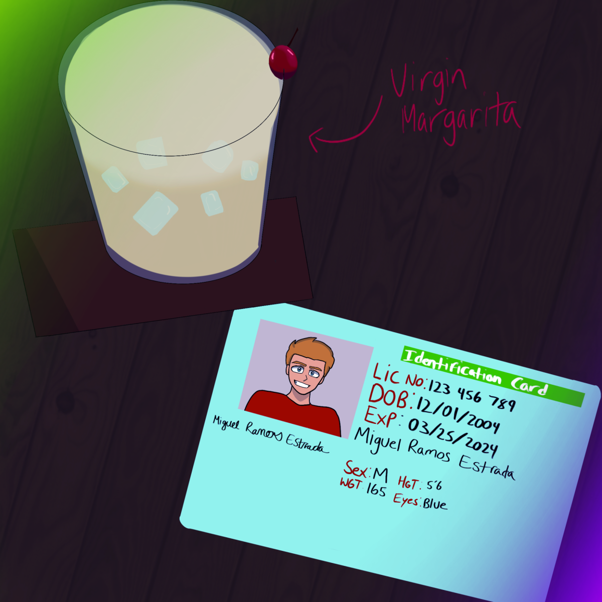 An identification card with the year of birth 2004 sits on a wooden table near a virgin margarita with a red cherry. NIU should allow students aged 19 and older to enter local bars. (Daniela Barajas | Northern Star)