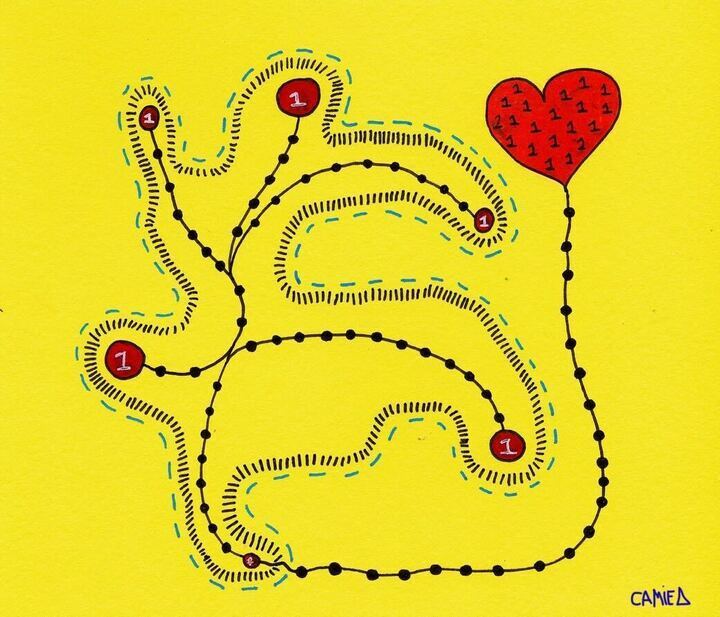 Abstract art against a bright yellow background connects multiple copies of the number one, branching off in several directions and grouping inside a red heart. The tiny efforts of individuals should be recognized for how they add to society. (Camilla Dziadosz | Northern Star)