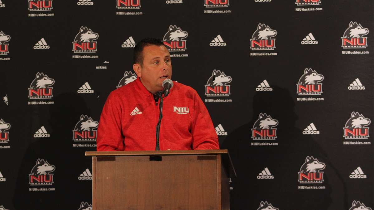 NIU football and basketballs radio announcer Andy Garcia speaks at Winter Sports Media Day on Oct. 24, 2023. Garcia was announced as the new play-by-play radio commentator of NIU football and basketball following the retirement of Bill Baker. (Courtesy of NIU Athletics)