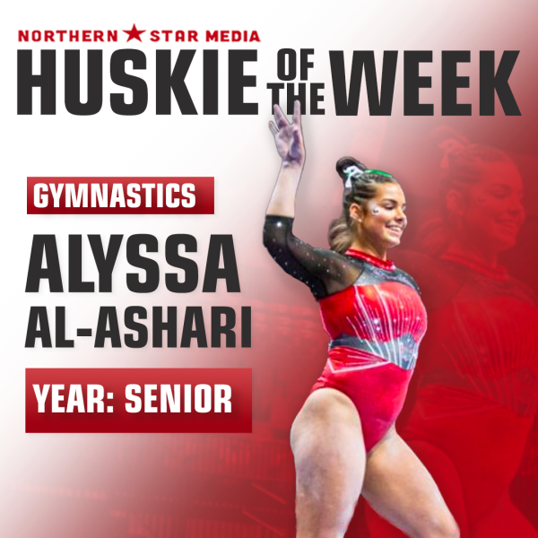 A graphic shows NIU senior gymnast Alyssa Al-Ashari as the Huskie of the Week. Al-Asharis career-best bars routine have allowed her to become the first NIU gymnast to receive Huskie of the Week honors. (Eddie Miller | Northern Star)