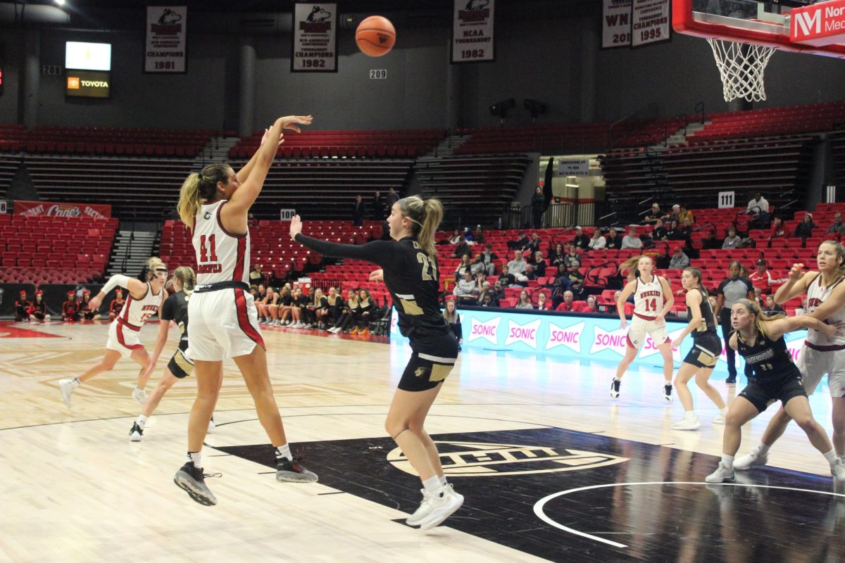 Redshirt+freshman+forward+Brooke+Blumenfeld+shoots+a+fadeaway+over+a+Lindenwood+University+defender+on+Nov.+21%2C+2023.+Blumenfeld+scored+10+points+off+the+bench+in+a+65-58+loss+to+the+University+at+Buffalo+on+Wednesday.+%28Ryanne+Sandifer+%7C+Northern+Star%29