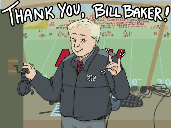 An illustrated Bill Baker hangs up his headphones during his final radio call at Huskie Stadium. Baker has retired after 44 years of play-by-play radio broadcasting for NIU football and basketball. (Christa Kim | Northern Star)