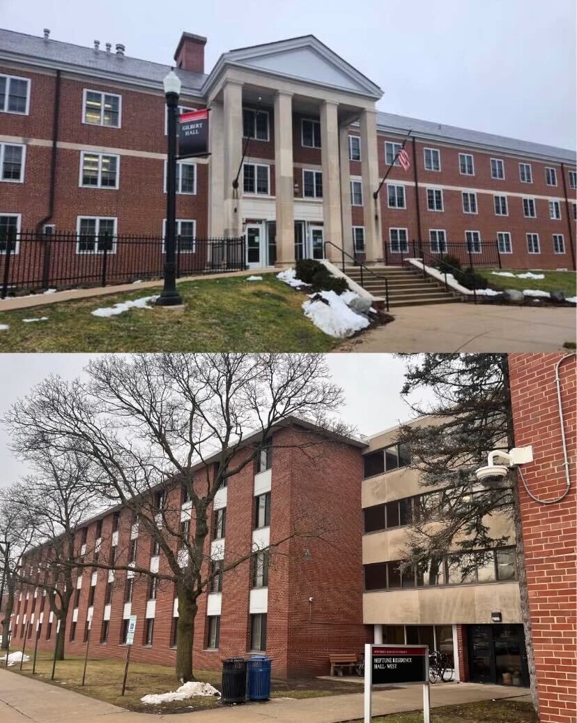 Gilbert Hall (top) and Neptune West stand under an overcast sky. Gilbert Hall is a residence hall for upperclassmen, while Neptune is a common housing choice for freshmen. Which year in college is best? (Northern Star Graphic)