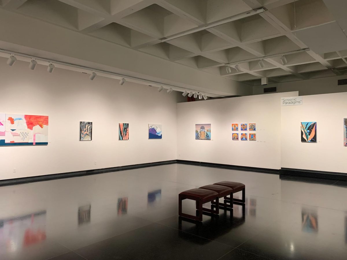 Paintings hang on the walls of the Jack Olson Gallery for the Screenic Paradigms exhibition. The exhibition opened Monday and looks at how painting has been influenced by digital art. (Nick Glover | Northern Star)