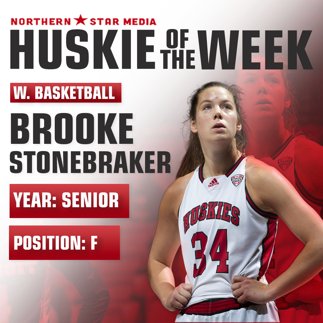 A graphic shows senior forward Brooke Stonebraker as the Huskie of the Week. Stonebraker has combined for 31 points and 22 rebounds over NIU womens basketballs past two games. (Eddie Miller | Northern Star)