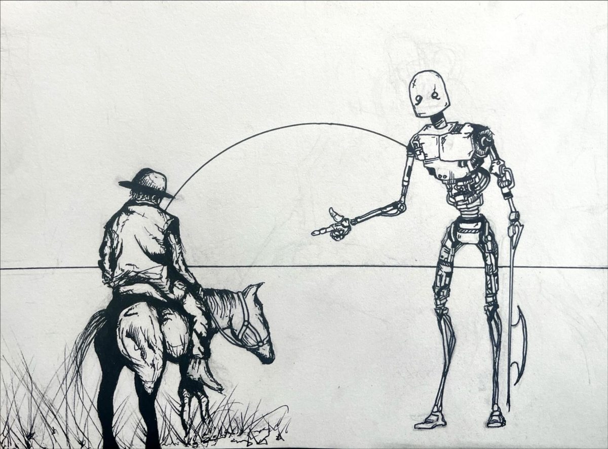 A robotic figure holds up a cattleman on a horse. I’ll need your clothes, your boots and your motorcycle, like how Arnold says it in T2. (Gabriel Fiorini | Northern Star)