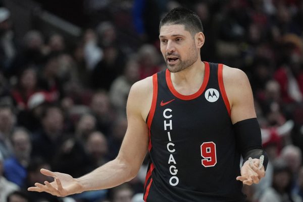 Chicago Bulls center Nikola Vučević questions a call during a Bulls home game against the Toronto Raptors on Tuesday. Vučević was traded to Chicago in March 2021 and has yet to represent the Bulls at the NBA All-Star Game. (AP Photo/Erin Hooley)
