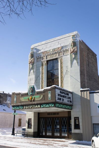 The Egyptian Theatre marquee hangs over the icy sidewalk at 135 N. Second St.  Dimensions Youth Ballet and Dimensions Dance Academy are scheduled to perform the classic ballet, Swan Lake, Feb 10 and Feb 11. (Northern Star File Photo)