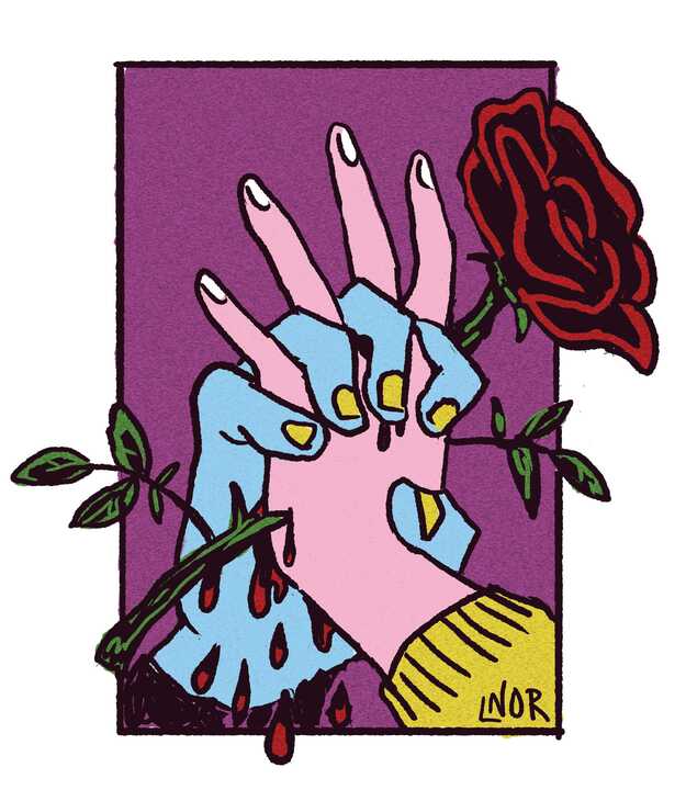A blue hand crushes the thorny stem of a rose into the palm of a pink hand, causing droplets of blood to fall. The phrase “he’s mean to you because he likes you” can have lasting consequences. (Eleanor Gentry | Northern Star)