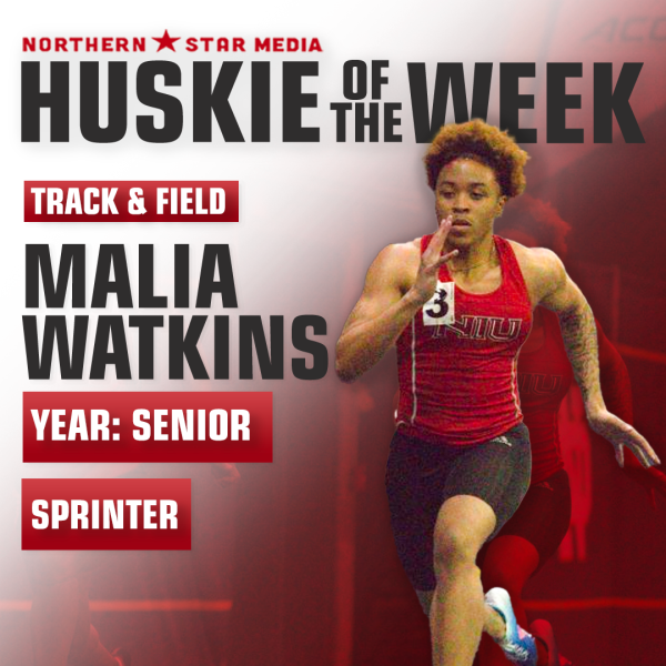 A graphic shows senior Malia Watkins as the Huskie of the Week. Watkins took home a first-place finish for the 60-meter dash at the ONU Invite on Friday with a time of 7.59 seconds. (Eddie Miller | Northern Star)