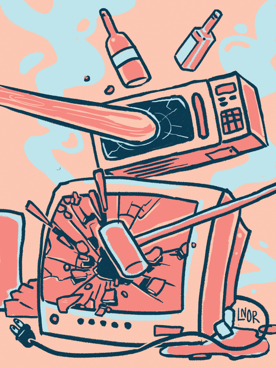 An artist’s depiction of a baseball bat and mallet crash into the glass screens of a microwave and television. An on-campus rage room would provide students with a satisfying outlet to express their fury. (Eleanor Gentry | Northern Star)