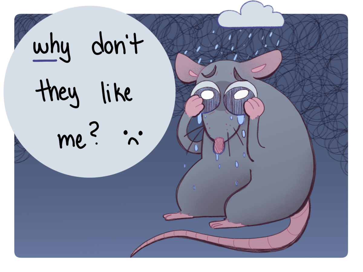 A teary-eyed rat buries its face in its paws next to a thought-bubble that reads: “Why don’t they like me?” Rats’ undeserved negative reputation causes them harm. (Christa Kim | Northern Star)