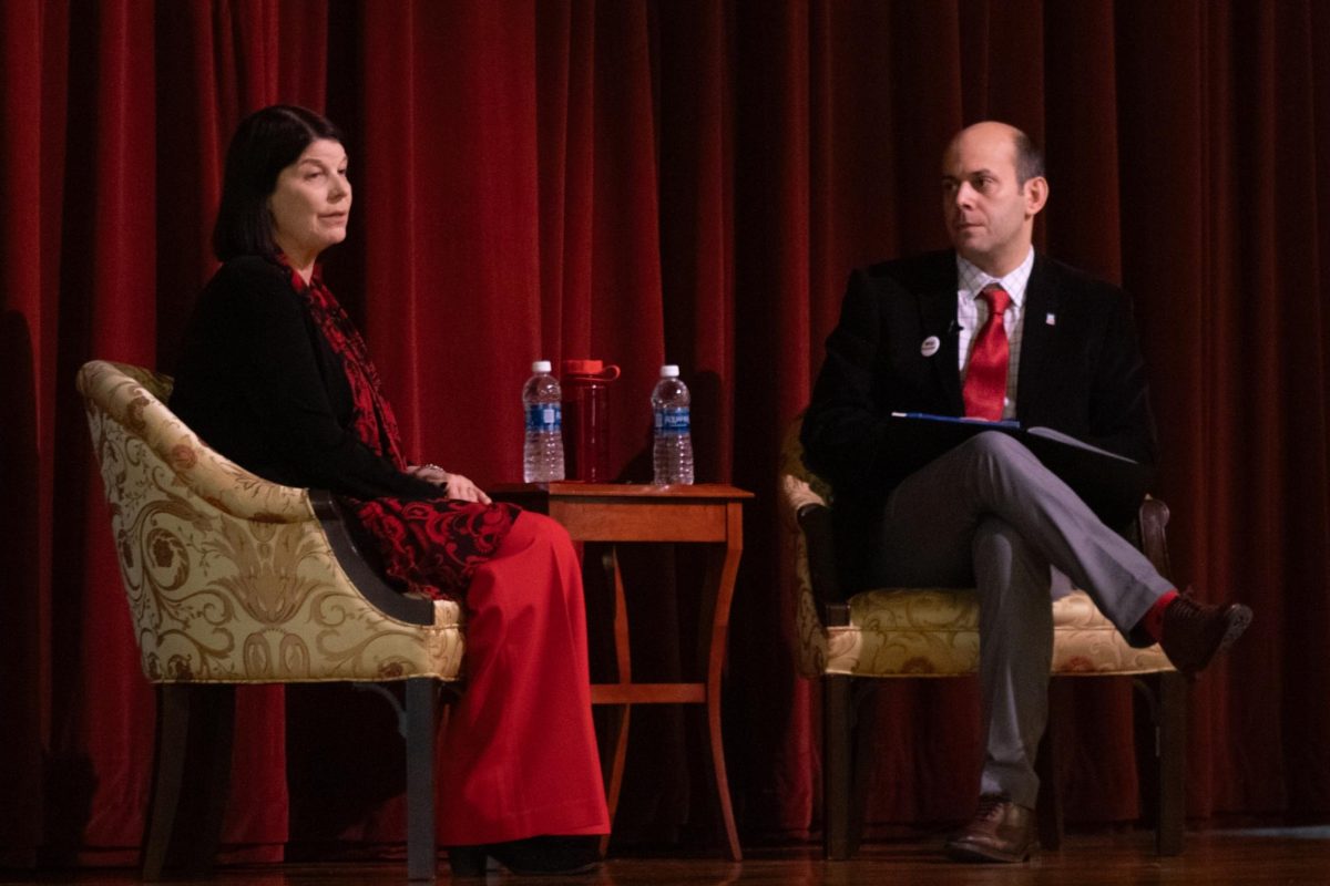 NIU+President+Lisa+Freeman+answers+a+question+from+Faculty+Senate+President+Ben+Creed+on+the+current+state+of+the+university%E2%80%99s+campus.+The+address+consisted+of+a+conversation+between+Freeman+and+Creed+and+a+10-minute+question+and+answer+session.+%28Sean+Reed+%7C+Northern+Star%29