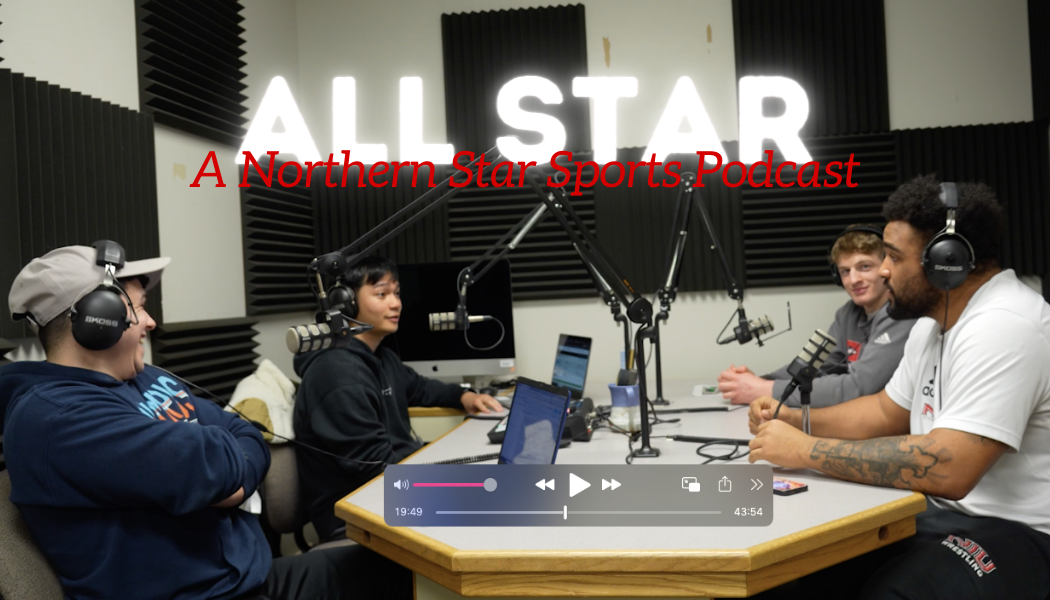 Ethan Gonzales (from left) and Zack Rodriguez sit down with Matthew Zuber and Jacobi Jackson from NIU wrestling in the podcast room. This week’s “All-Star” episode discusses life as a NIU wrestler. (Ethan Gonzales | Northern Star) 