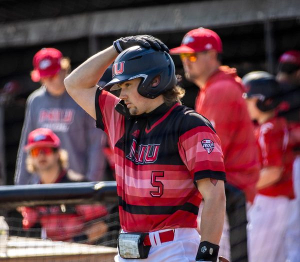 NIU then-junior right fielder Eric Erato (5) waits on deck to bat early in the baseball team’s game against Central Michigan University on April 7, 2023 at Owens Park. Erato and NIU baseball are set to start the 2024 season following a 10-43 finish to the 2023 season. (Tim Dodge | Northern Star)