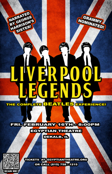 A red, blue and white poster depicts an outline of the Beatles behind the text Liverpool Legends. The Beatles cover band will perform for one night only at the Egyptian Theatre on Feb. 16. (Courtesy of Sarah Vargo)