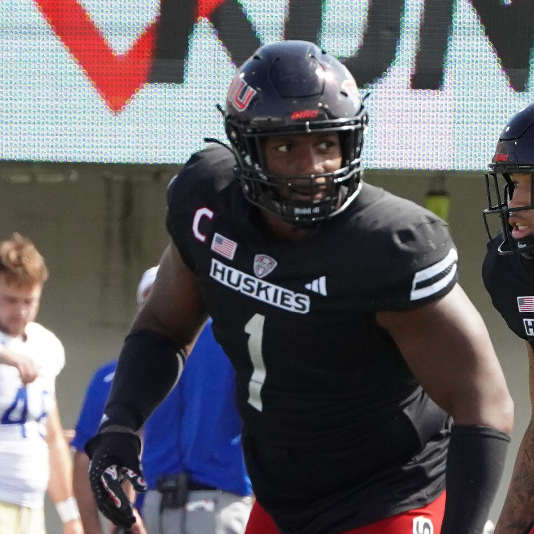 Senior defensive tackle James Ester eyes his opponent in an NIU football home game against the University of Tulsa on Sep. 23, 2023. Ester is one of the few NIU football players that have declared the 2024 NFL Draft. (Courtesy of NIU Athletics)