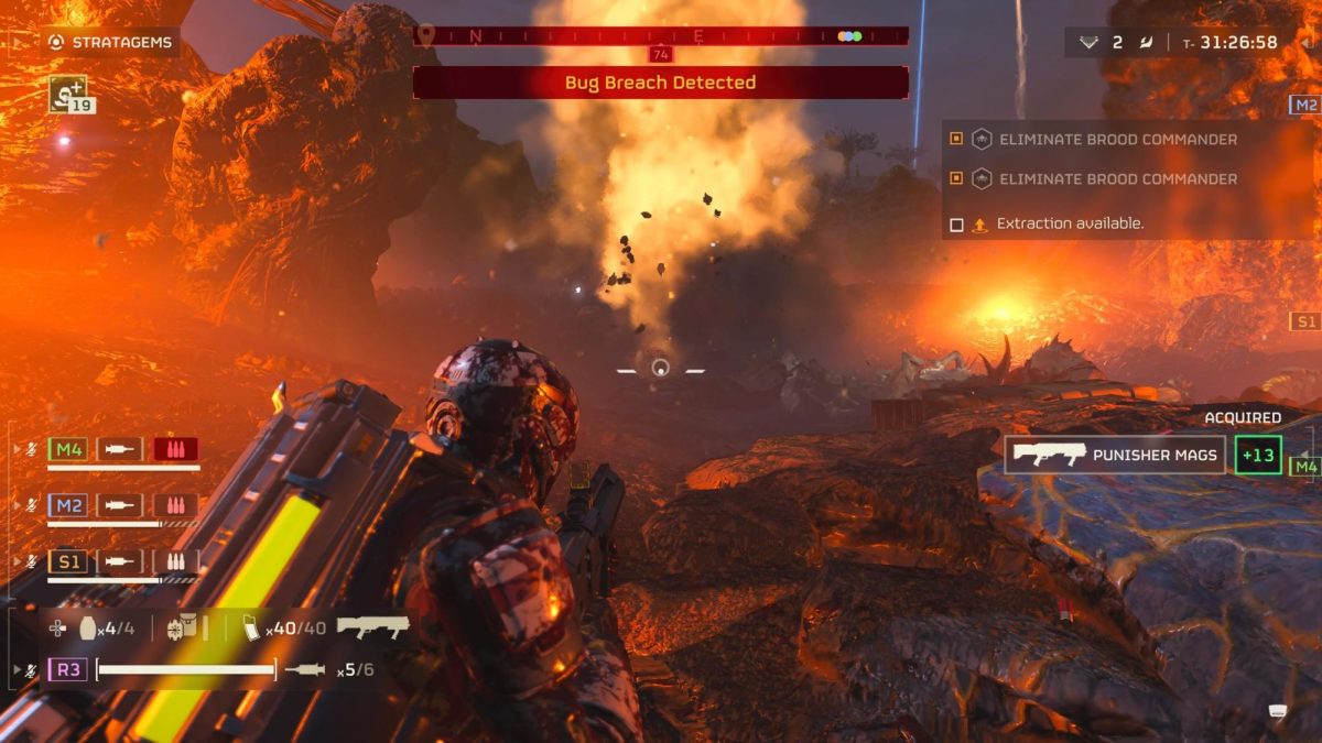 A screenshot from “Helldivers 2” shows a player fending off a horde of bugs as they finish completing an objective. “Helldivers 2” released Feb. 8. (Jonathan Shelby | Northern Star)