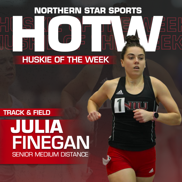 A graphic shows senior Julia Finegan as the Huskie of the Week. Finegan took home two top-3 finishes at the Redbird Tune Up on Saturday. (Eddie Miller | Northern Star)