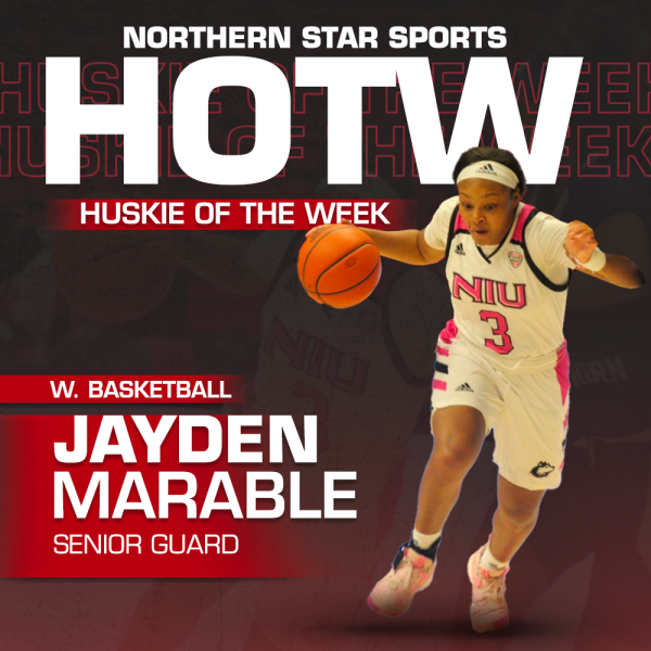 A graphic shows senior guard Jayden Marable as the Huskie of the Week. Marable scored a career-high 26 points Saturday en route to her second Huskie of the Week honor of the 2023-2024 season. (Eddie Miller | Northern Star)