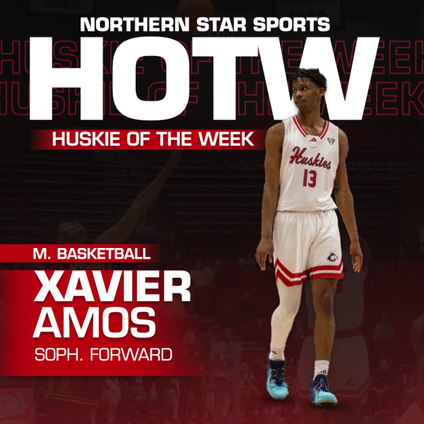 A graphic shows sophomore forward Xavier Amos. Amos has led the Huskies in scoring in their past two games, scoring 25 points against Central Michigan University and 19 points against Eastern Michigan University. (Eddie Miller | Northern Star)