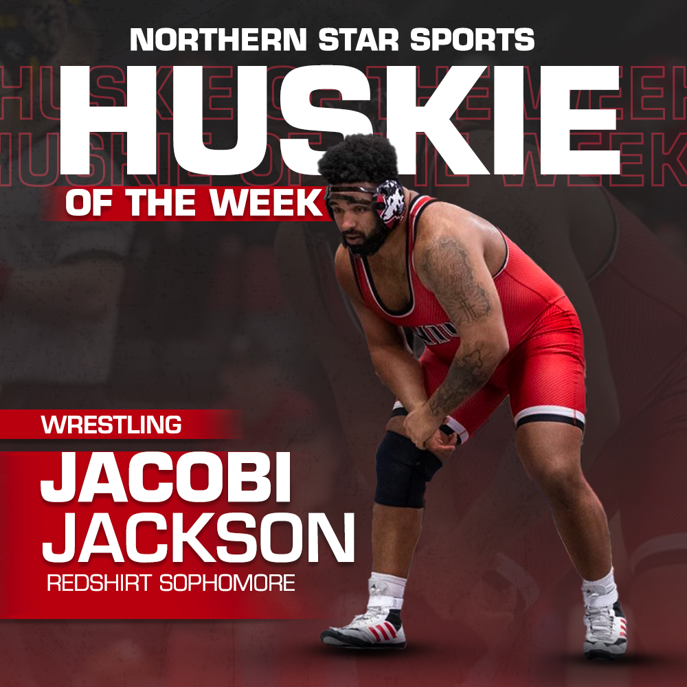 A graphic shows redshirt sophomore Jacobi Jackson as the Huskie of the Week. Jackson defeated his Southern Illinois University Edwardsville opponent Friday to clinch NIU wrestlings MAC West division title. (Eddie Miller | Northern Star)