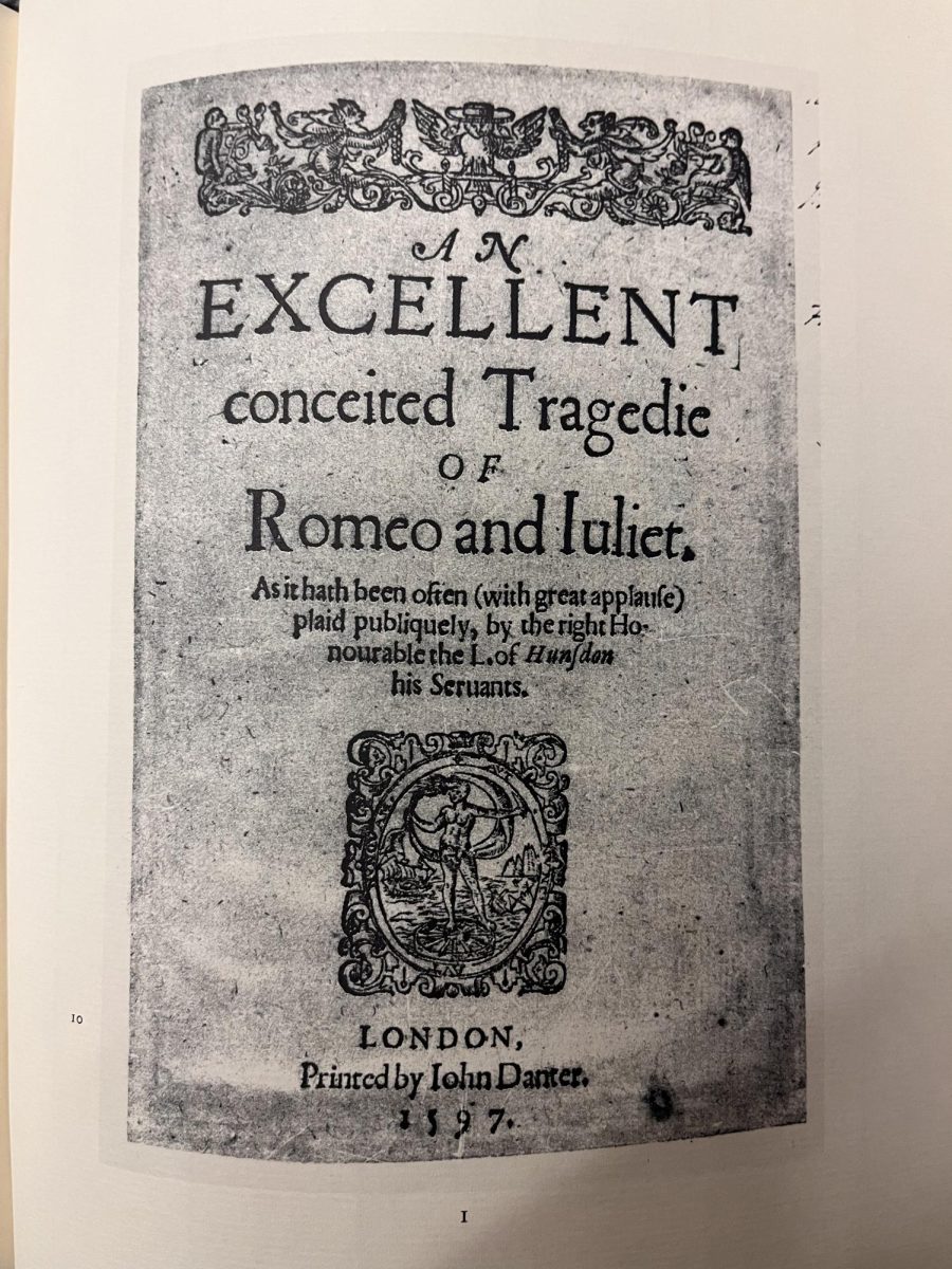 A copy of William Shakespeare’s 1597 “Romeo and Juliet” shows the title page of the playwright, as printed for Malone Society Reprints in 2000, and is located in the Founder’s Memorial Library. Is Romeo and Juliet a love story? (Lucy Atkinson | Northern Star)