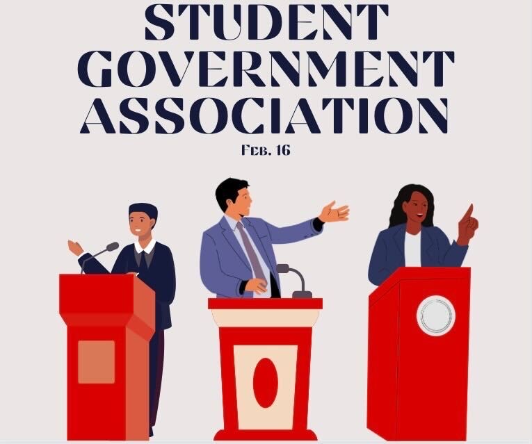 Three people stand and gesture while talking at podiums. SGA met on Friday and appointed a new chief of staff, passed a new bill and approved a new club. (Northern Star graphic)