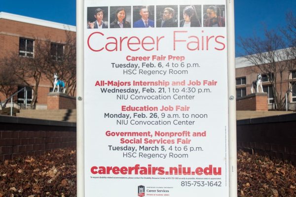A Career Fairs event poster sits outside of the Peters Campus Life Building. The All-Majors Internship and Job Fair will be held from 1 p.m. to 4:30 p.m. Wednesday at the Convocation Center. (Ryanne Sandifer | Northern Star) 