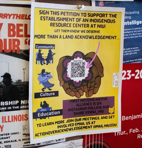 A poster with a QR code to a petition for an Indigenous Resource Center at NIU hangs up on the bulletin board in Einstein’s Bros. Bagels. The petition lasts until February 29, 2024, and asks NIU to create a resource center to add onto the verbal acknowledgements the college makes. (Totus Tuus Keely | Northern Star)