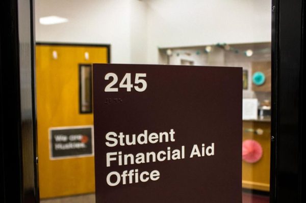 A sign reading “245 Student Financial Aid Office” hangs the window outside of the Financial Aid Office. The changes to the FAFSA for the 2024-2025 school year is pushing back the student financial aid packet release date. (Sean Reed | Northern Star)