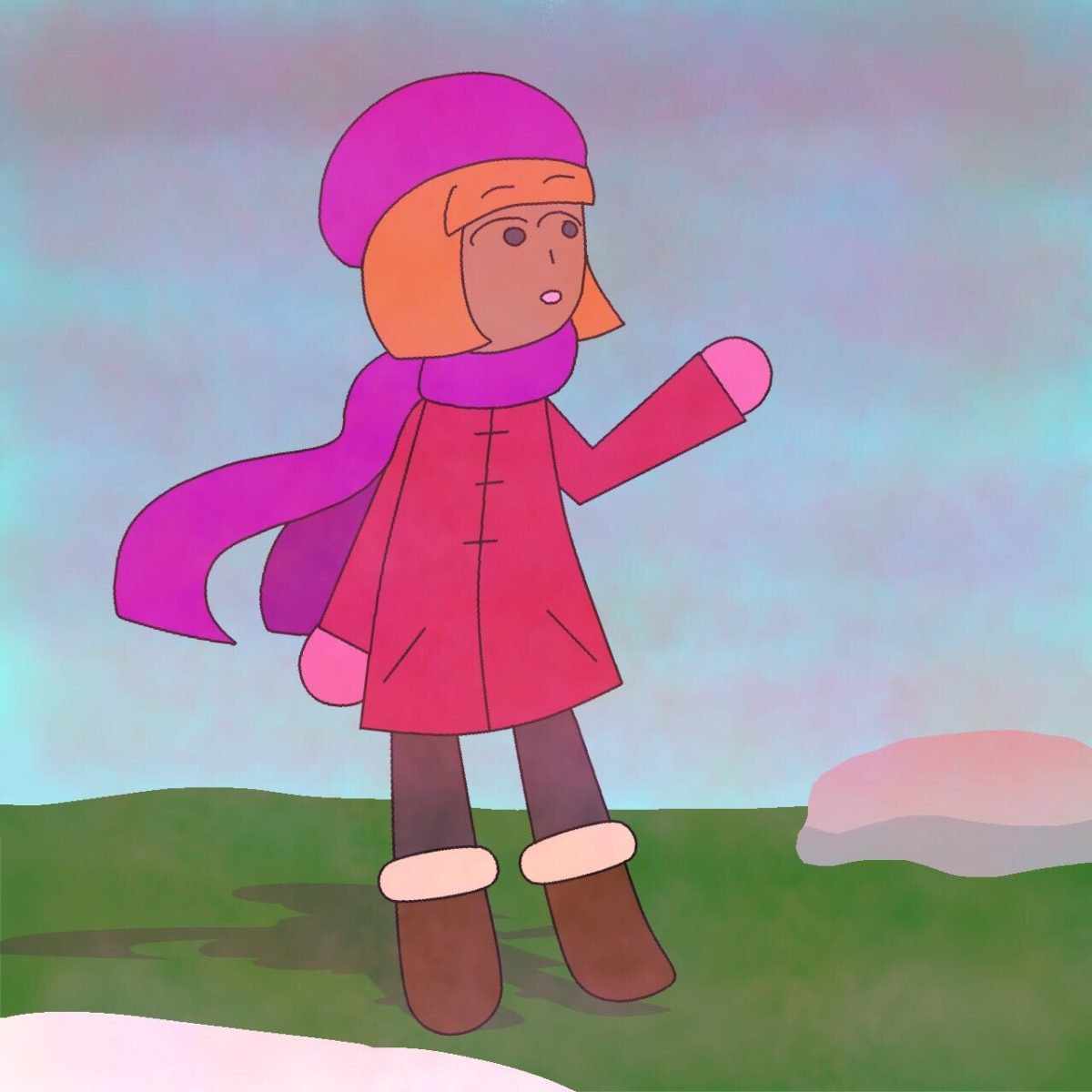 A girl in a pink coat, hat and scarf stands on green grass between patches of snow. She is witnessing the snow melting as the weather starts to become warmer. (Mary Ngo | Northern Star)
