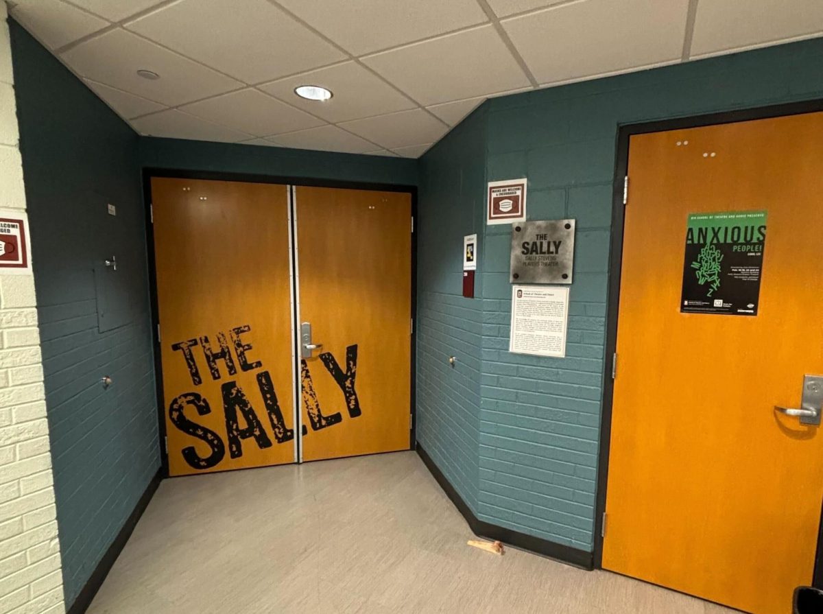 The door of the Sally Stevens Players Theatre sits closed after a weekend full of performances. NIU’s most recent play “Anxious People!” opened this week. (Nick Glover | Northern Star)